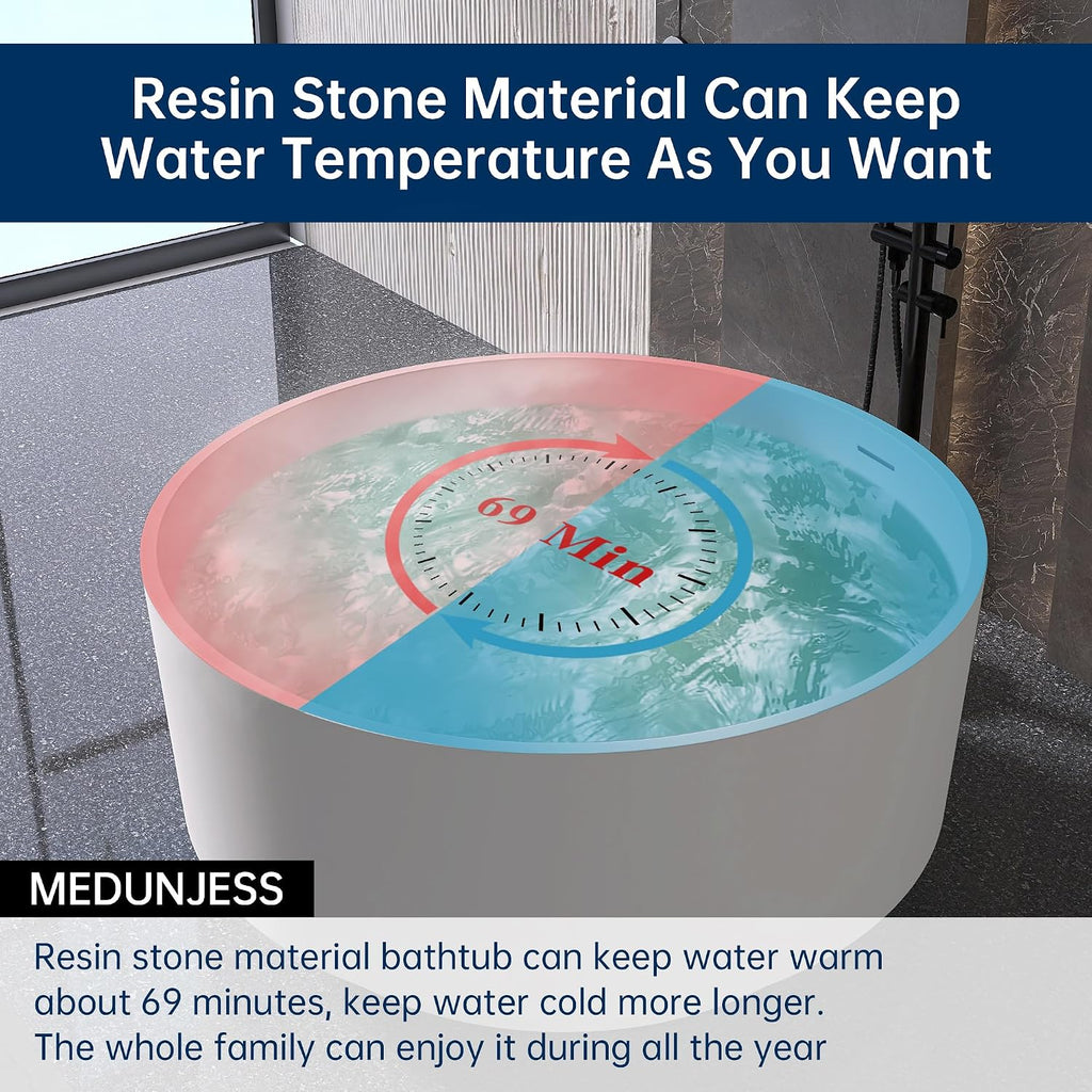49'' Round Soaking Bathtub Resin Stone Freestanding Bathtub Soaking Deep Tub Solid Surface Bathtub with Overflow and Pop-up drain in White