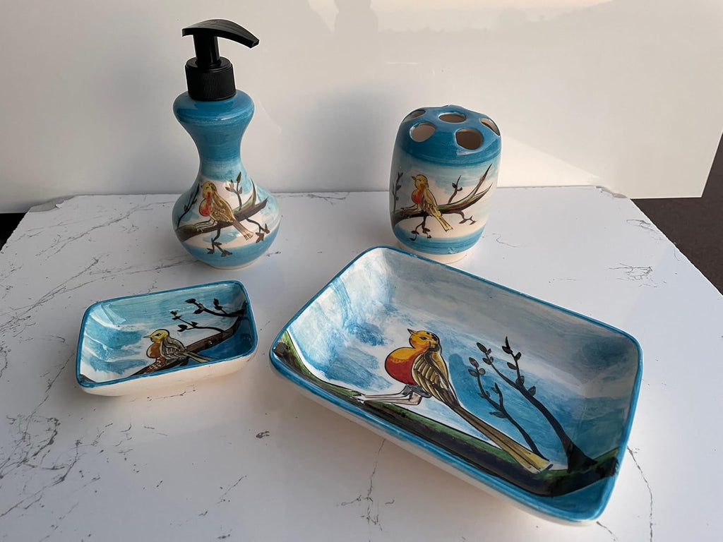 Blue Bathroom Accessory Set 4 Pieces & Birds, Soap Dispenser, Toothbrush Holder, Soap Dish, Lotion Dispenser, Animal Decor, Washing Set Gift (Product ?: Set (4 pcs))