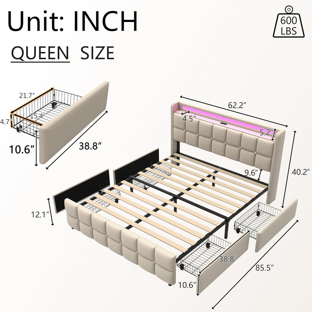 Modern LED Storage Bed with Charging Station All-Metal Platform Bed Frame Featuring 2-Tier Headboard, 4 Storage Drawers, and Easy Assembly(201-Beige, Queen)