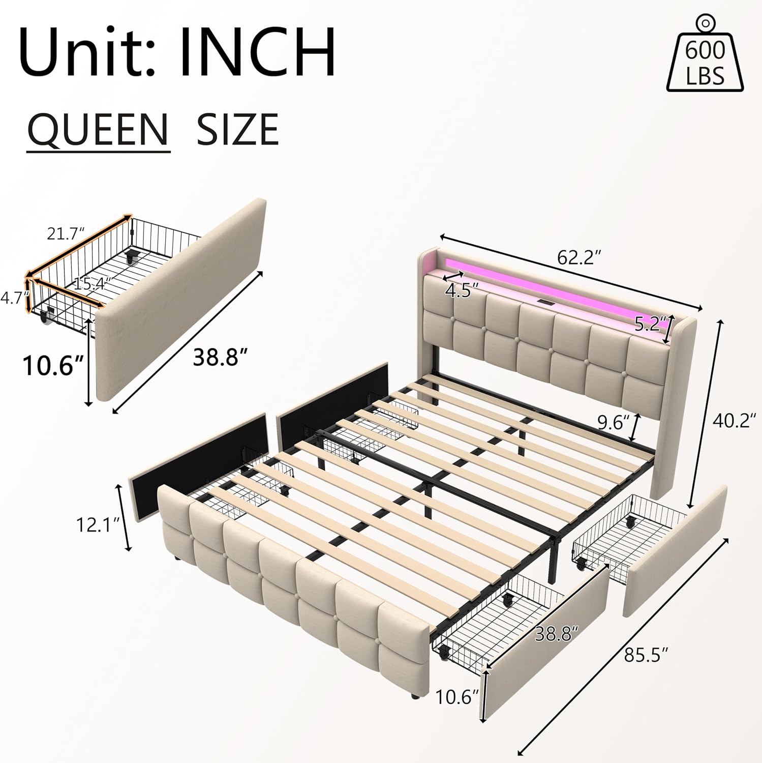 Modern LED Storage Bed with Charging Station All-Metal Platform Bed Frame Featuring 2-Tier Headboard, 4 Storage Drawers, and Easy Assembly(201-Beige, Queen)