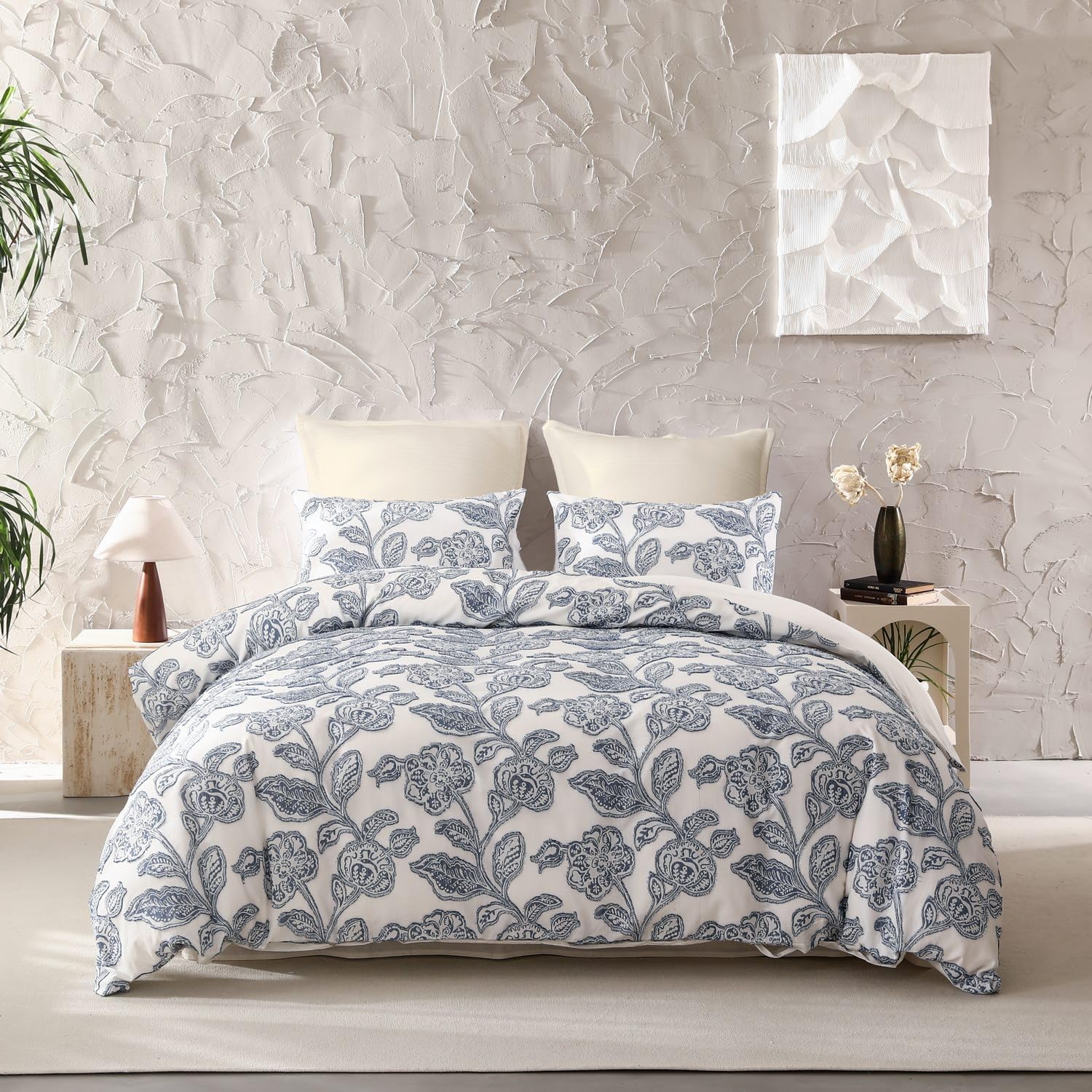 meadow park Cotton Clipped Jacquard Comforter Set 5 Pieces, King Size, Shabby Chic Home Bedding Set, Blue