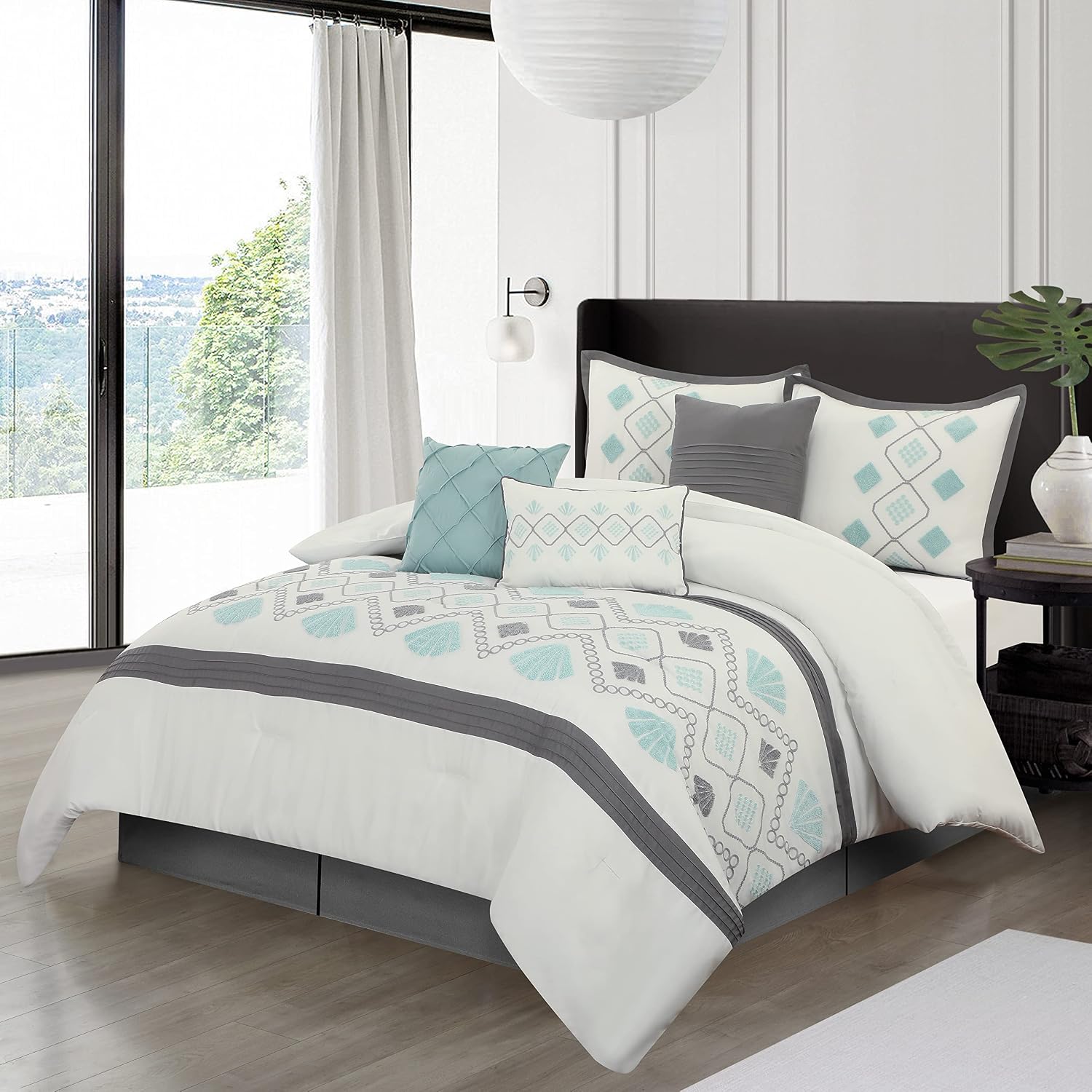 Grand Avenue Blue Fan-Shaped King Comforter Set, 7 Piece, Terry Embroidery Geometric Bedding Sets & Collections, Bedskirt, Pillows & Shams