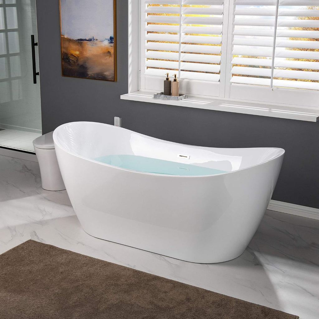 WOODBRIDGE 67' Acrylic Freestanding Bathtub Contemporary Soaking Tub, White Acrylic(Chrome Drain/Overflow),B0010-C