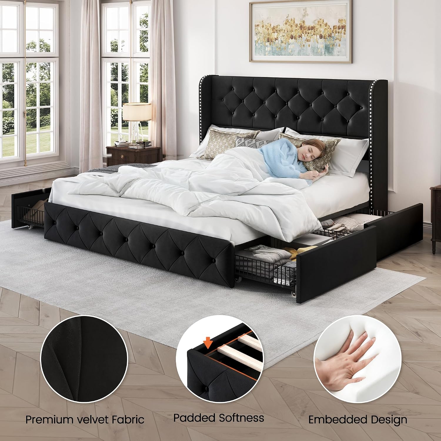 LARMACE Queen Size Bed Frame with 4 Storage Drawers and 47.2' Tall Wingback Headboard Upholstered Platform Beds Velvet Tufted Bed Frame with Wooden Slats Support, Easy Assembly, Black