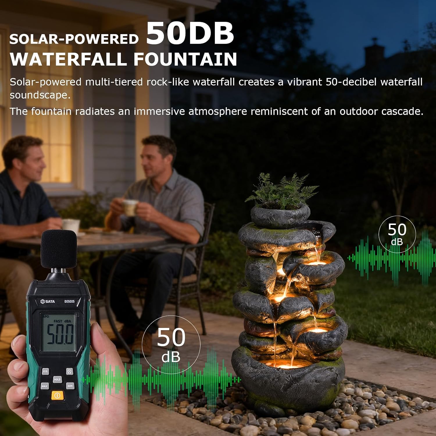 5-Tier Solar Water Fountain Outdoor Garden Cascading Rock Feature, 29.5''Tall Solar Powered Outside Fountains and Waterfalls with Lights for Garden, Patio, Yard, Deck Home Décor