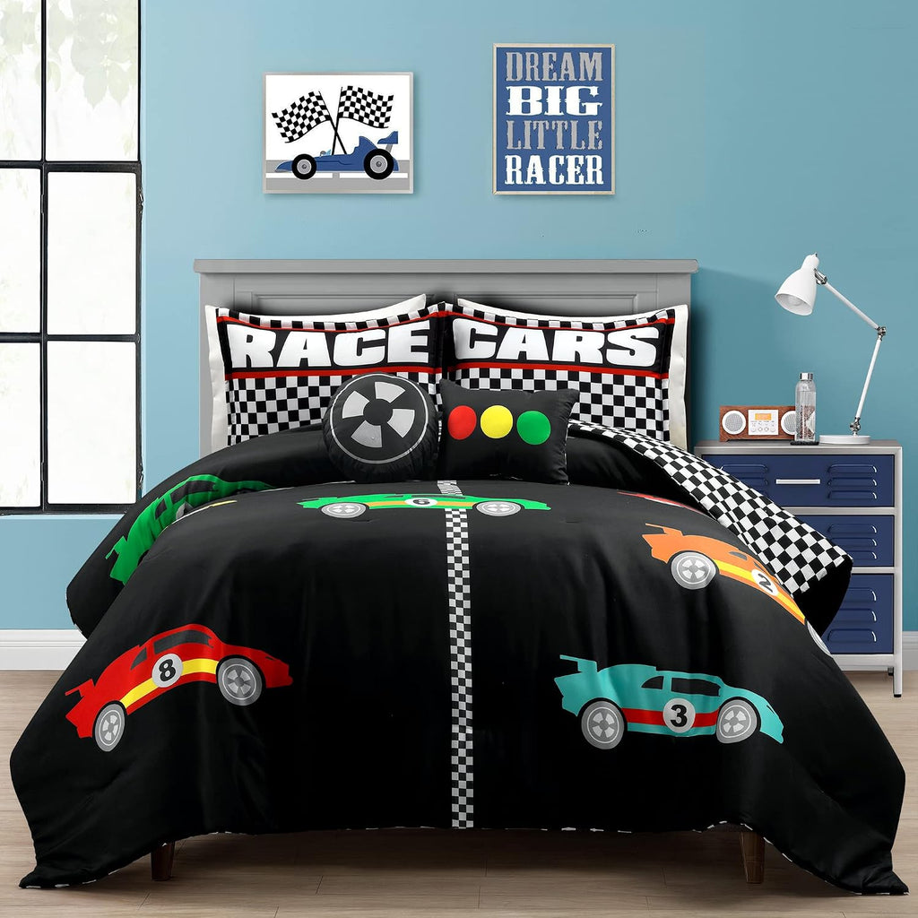 Lush Decor Racing Cars Reversible Comforter Queen Size 5 Piece Set Full/Queen Black & Multi - Kids Bedding Set Queen Comforter - Car Decor
