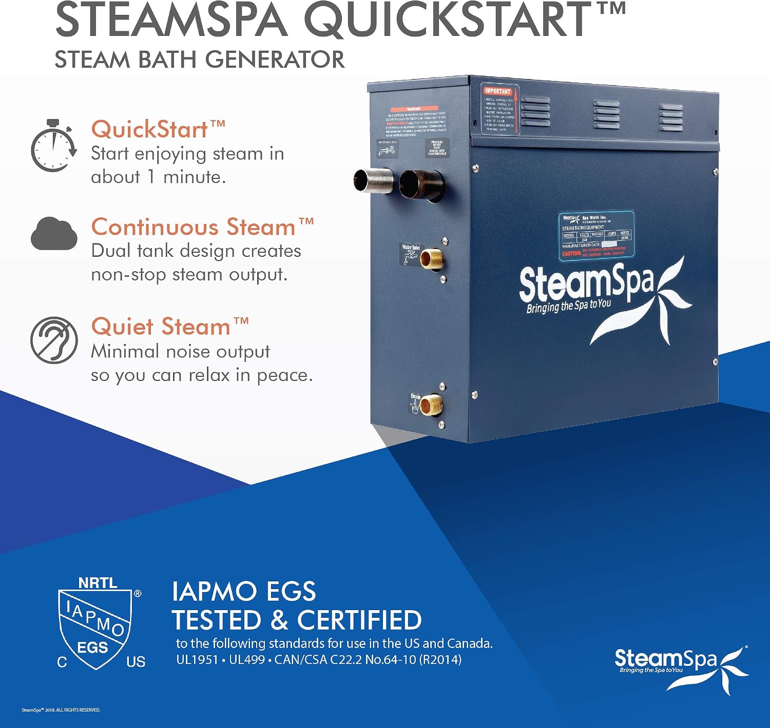 7.5kW Steam Sauna Generator Premium Bundle 240V Steam Generator with Touch Pad Control, Steamheads, Pressure Relief Valve, Built-in Auto Drain and Plumber Quick Install Kit PRT750CH-A