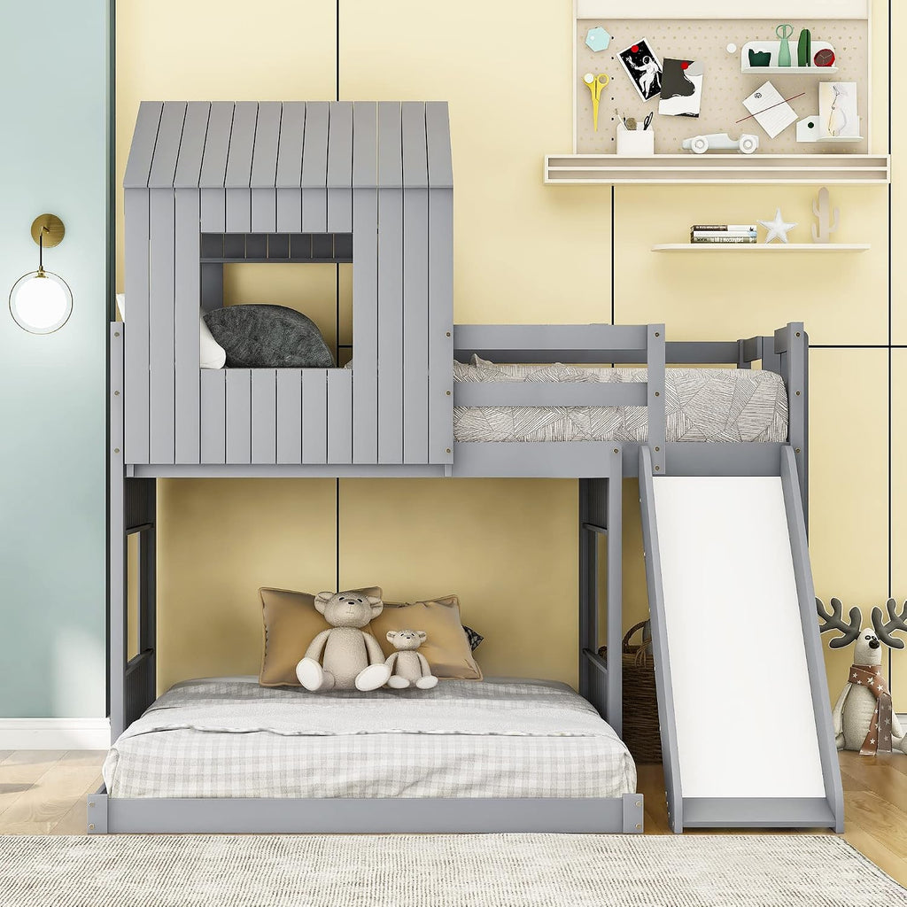 MERITLINE House Bed Bunk Beds with Slide Twin Over Full Size Bunk Bed Frame with Slide,Wooden Playhouse - Design Slide Bunk Beds Twin Over Full Bunk for Boys and Girls