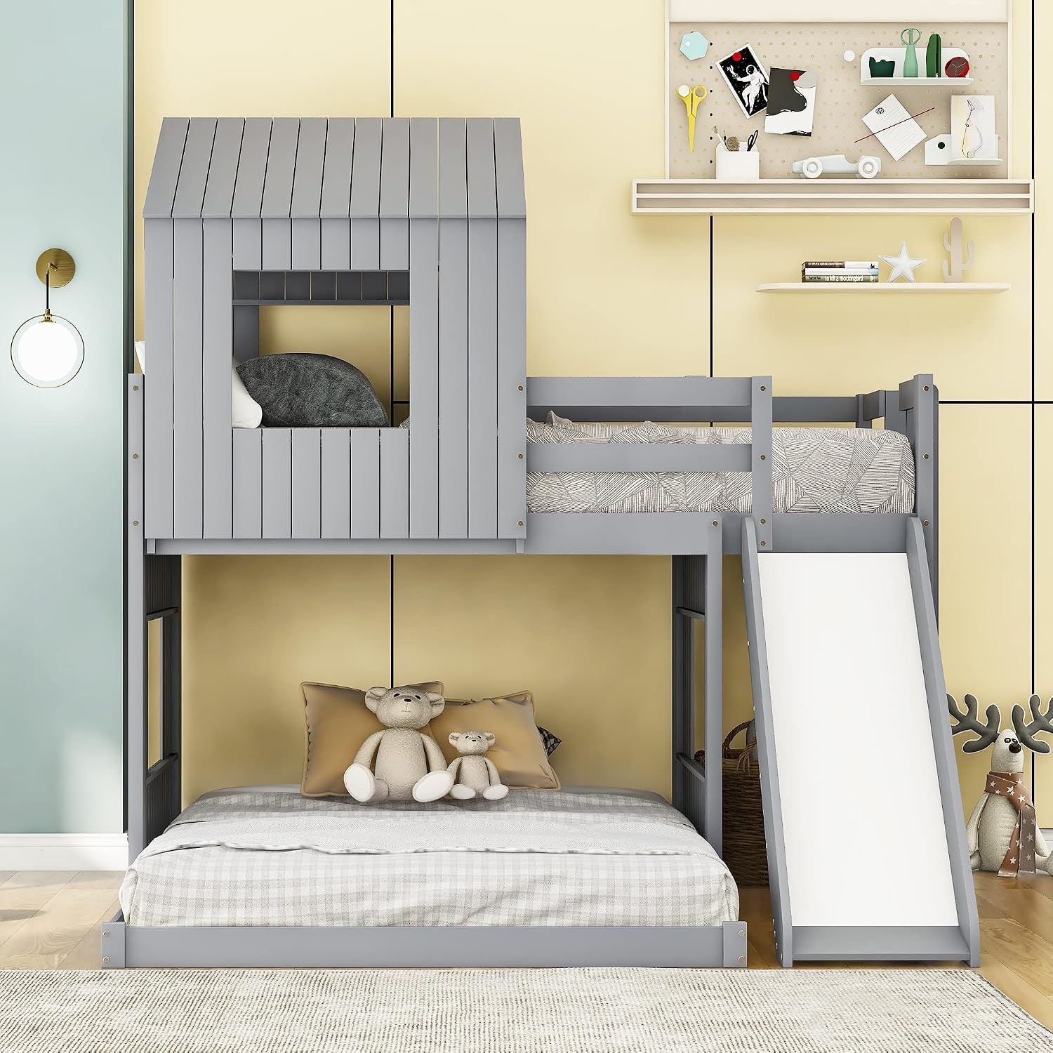MERITLINE House Bed Bunk Beds with Slide Twin Over Full Size Bunk Bed Frame with Slide,Wooden Playhouse - Design Slide Bunk Beds Twin Over Full Bunk for Boys and Girls