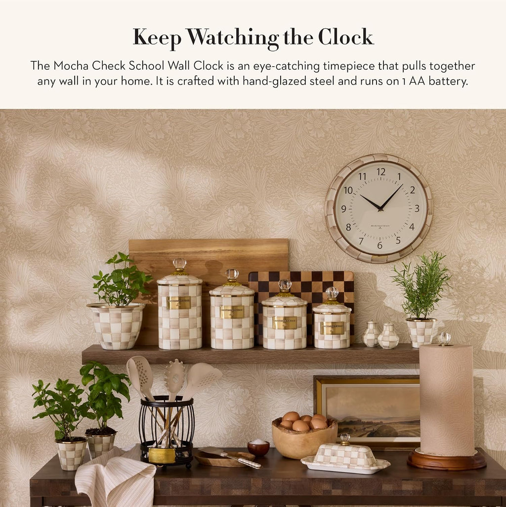 MACKENZIE-CHILDS Wall Clock, Decorative Enamel Clock for Kitchen and Living Room, Brown-and-White Mocha Check
