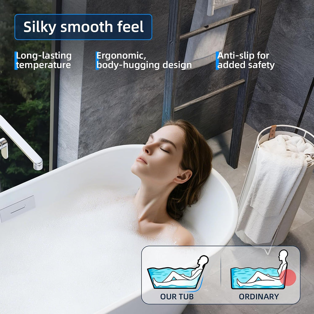 Acrylic Freestanding Bathtub, Deep Soaking Tub with Non-Slip Base, CUPC Certified Free Standing Tub, Chrome Drain Bath Tub, Modern Tub for Bathrooms, White, 59Inch