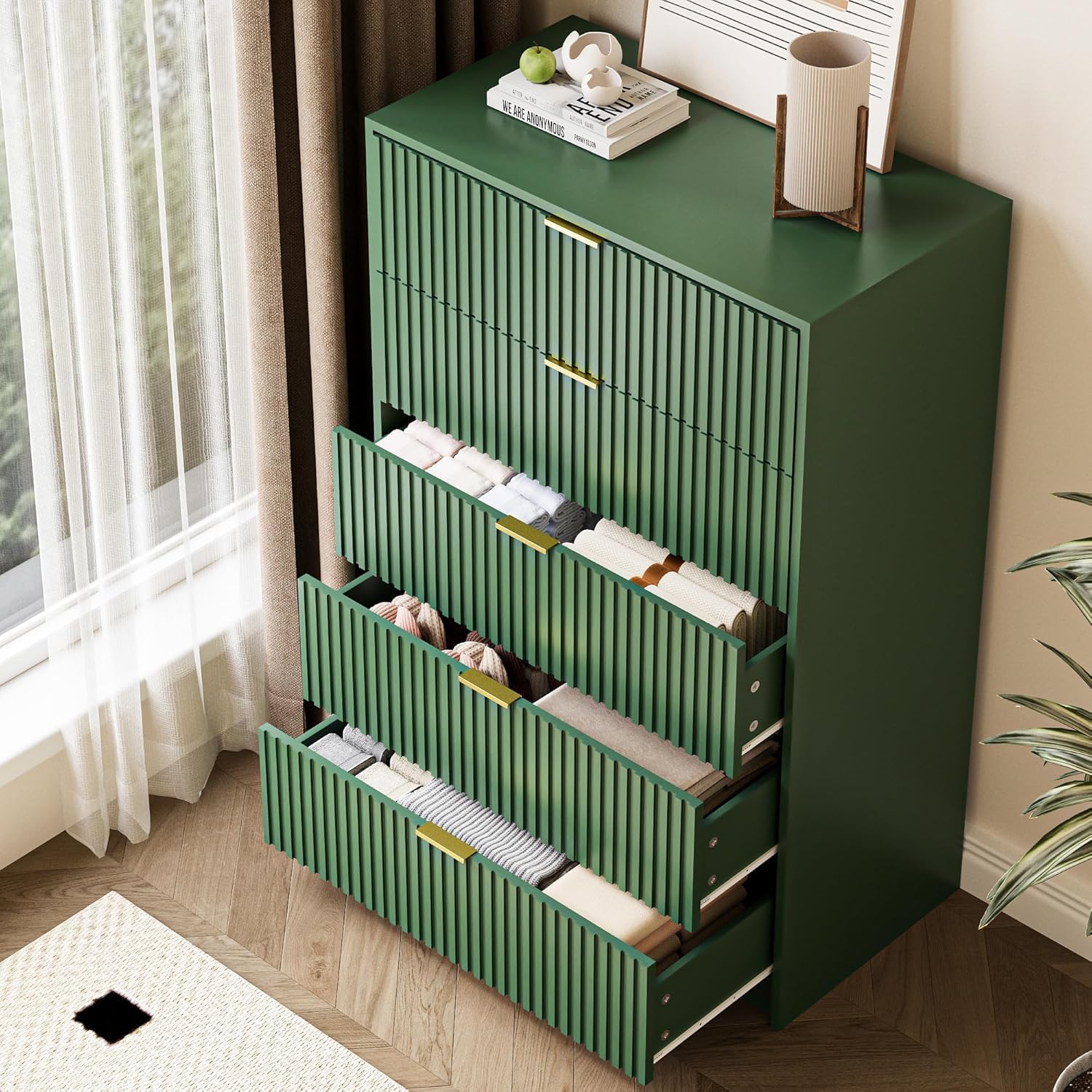 MAISONARIA 3-Piece Dresser Bedroom Set, 5 Drawer Dresser & 3 Drawer Nightstands with Gold Handles, Fluted Wood Chest of Drawers for Bedroom, Living Room, Entryway, Green