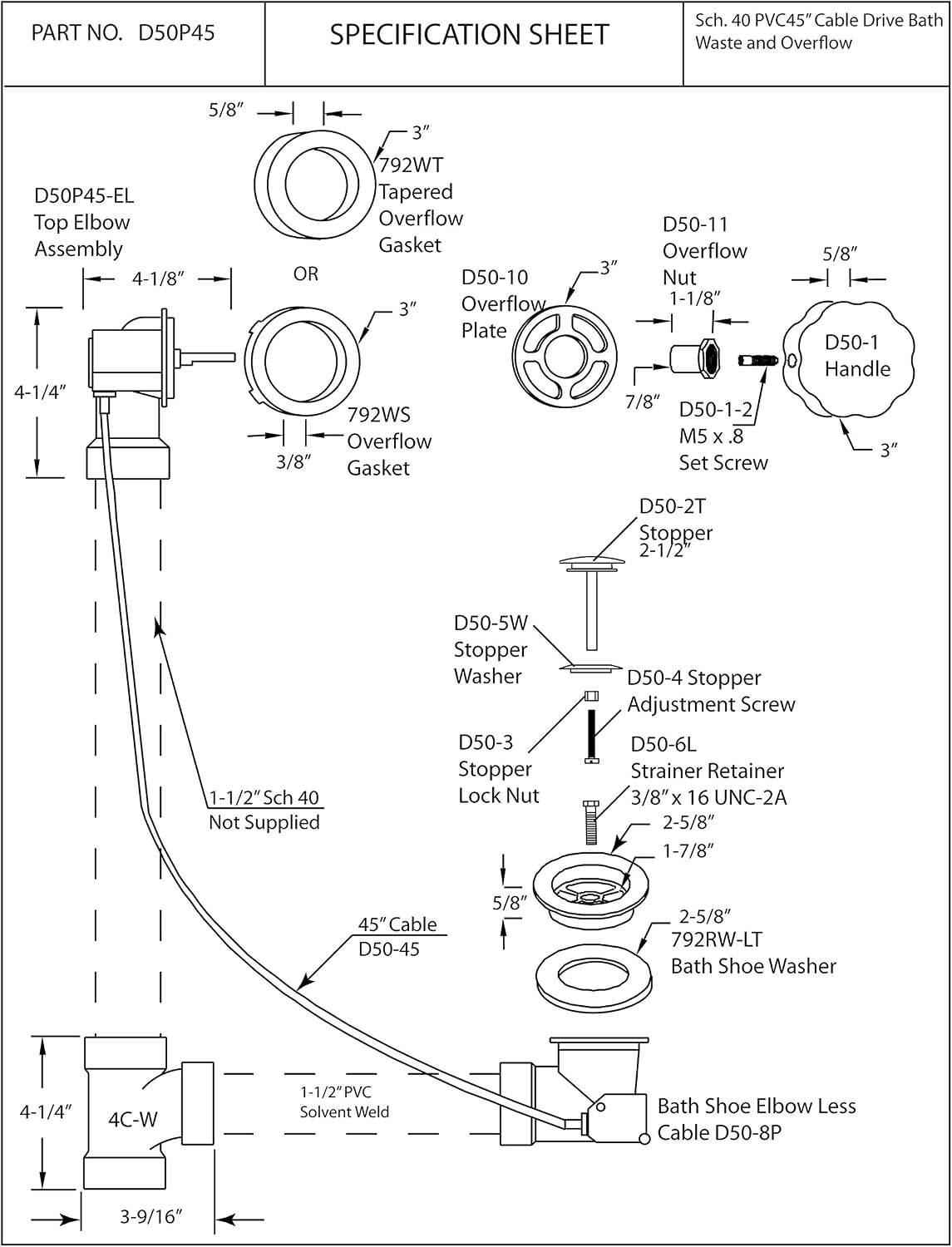 Westbrass D50P45-01 45' Cable Drive Standard Bath Drain Trim Kit with Rotary Overflow Cover Knob, Pop-Up Stopper and SCH. 40 PVC Fittings, Polished Brass