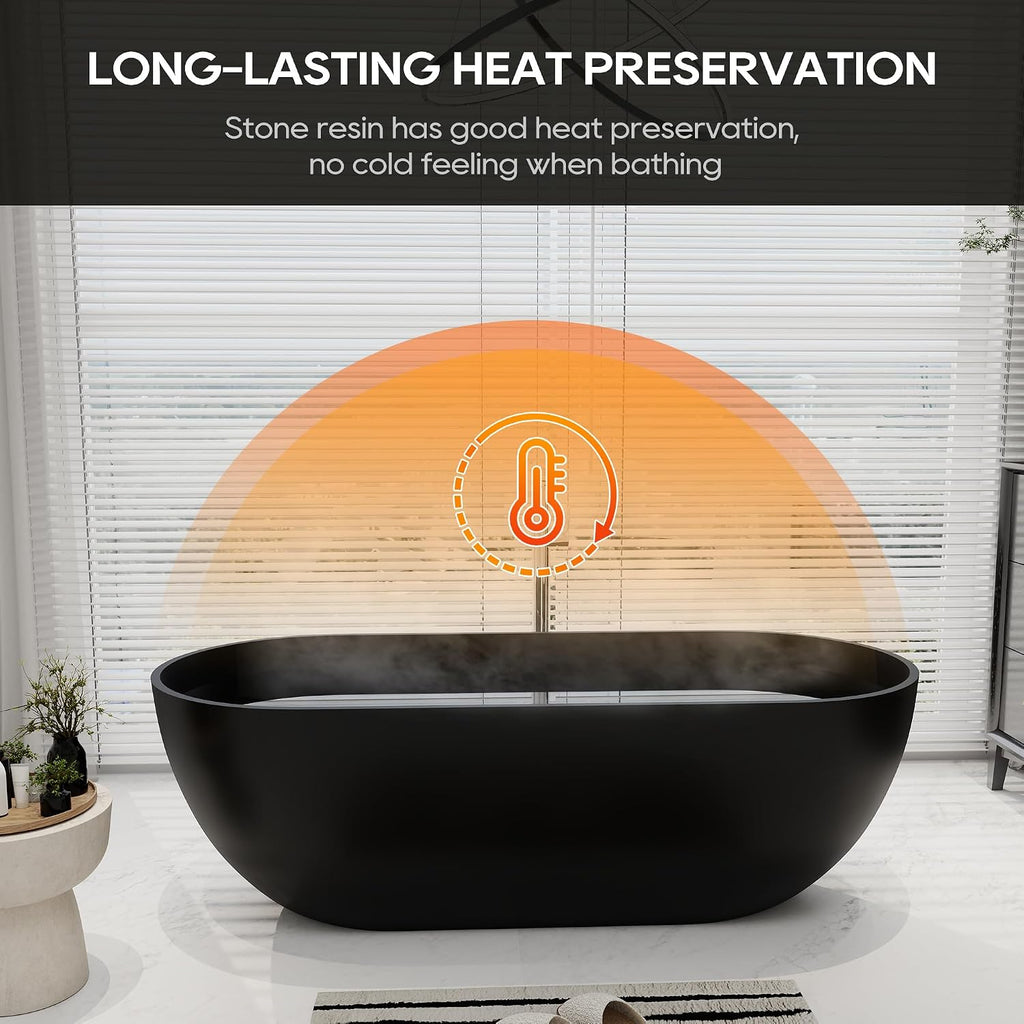 SJ STAR&JANE 69' Solid Surface Freestanding Bathtub Oval Stone Resin Soaking Tub Modern Stand Alone Tub with Overflow & Pop-up Drain, Matte Black for Bathrooms
