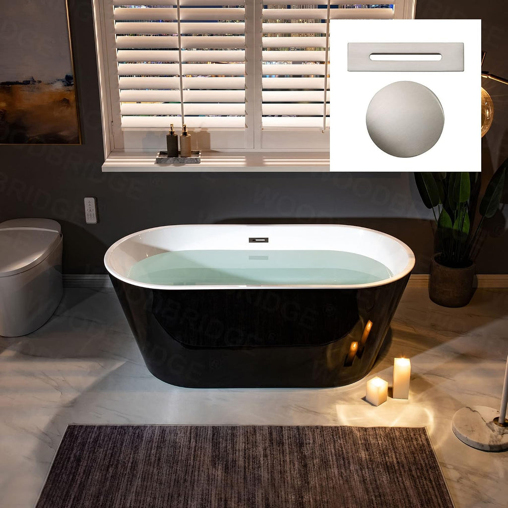 WOODBRIDGE 59' Acrylic Freestanding Bathtub Contemporary Soaking Black Tub with Brushed Nickel Overflow and Drain，B1814-BN