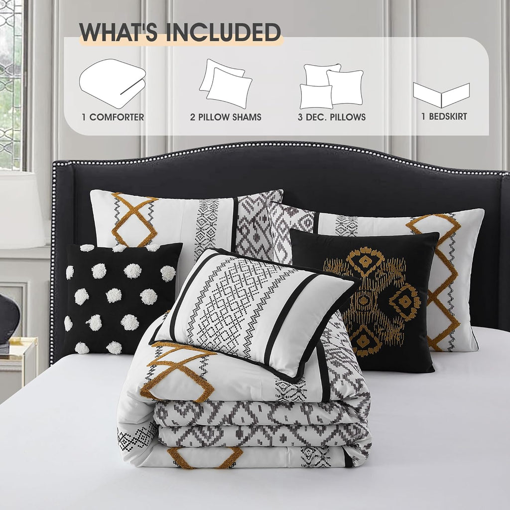 LANCO MODERN LIFESTYLE Black Gold Queen Comforter Set, 7 Pieces All Season Bedding Sets in a Bag with Geometric Terry Embroidered Comforter, Bed Skirt, Pillow Shams and Decorative Pillows