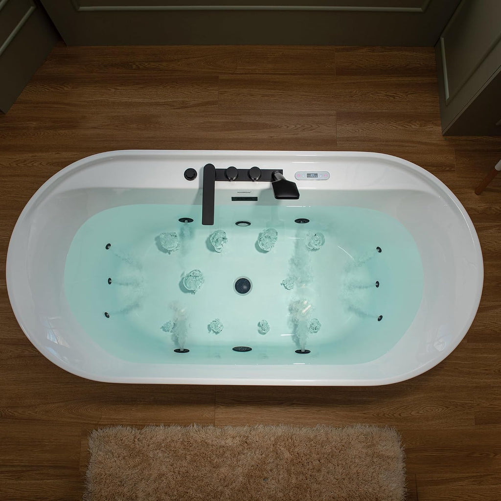 WOODBRIDGE 72' x 35-3/8' Whirlpool and Air Bath Heated Soaking Combination Tub with Adjustable Speed Air Blower, Tub Filler, and LED control panel, Matte Black Finish Trim and Drain Kit, BM500+F0051MB