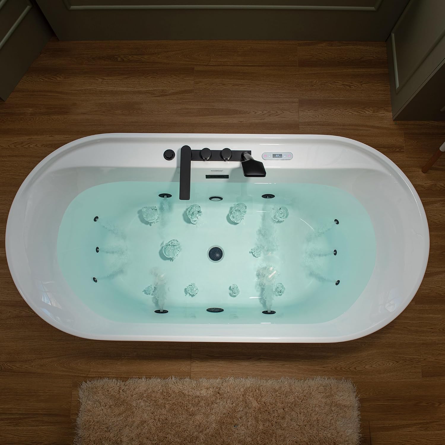 WOODBRIDGE 72' x 35-3/8' Whirlpool and Air Bath Heated Soaking Combination Tub with Adjustable Speed Air Blower, Tub Filler, and LED control panel, Matte Black Finish Trim and Drain Kit, BM500+F0051MB