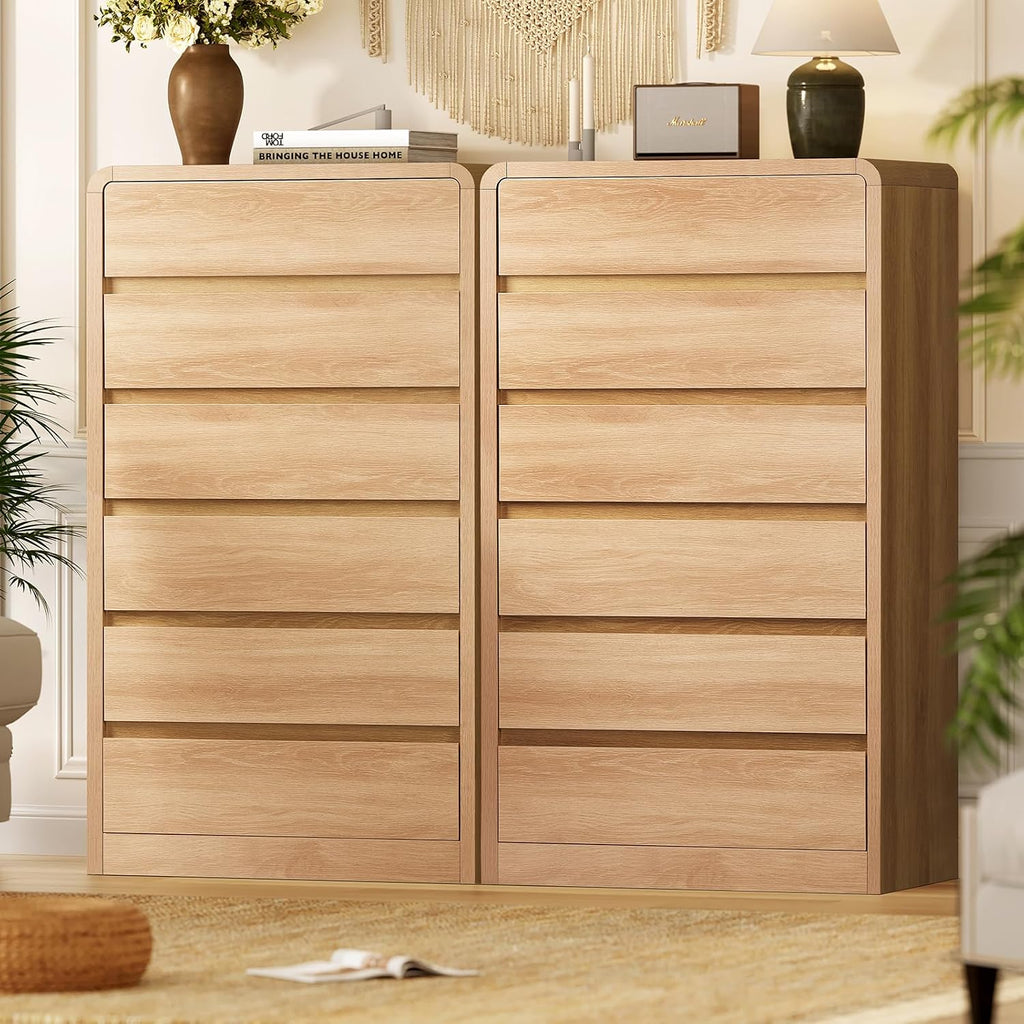 TEENFON Tall Dresser for Bedroom with 6 Drawers, 49.2' Tall Dressers & Chest of Drawers with Curved Profile Design, Wood Closet Storage Dressers Organizer for Bedroom, Living Room, Natural