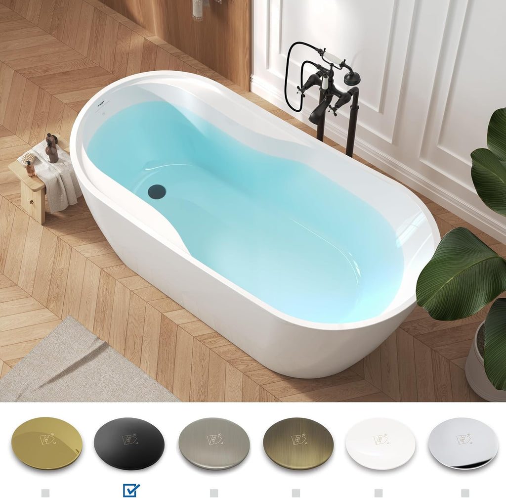 FerdY Lana'i 67' Freestanding Bathtub, Gracefully Shaped Freestanding Soaking tub, Glossy White, cUPC Certified, Matte Black Drain Assembly Included