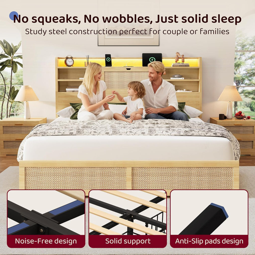 BRELTAM King Size Rattan Bed Frame with 4 Storage Drawers and 51.3' Tall Hidden Storage Headboard Wooden Platform Bed Frame with LED Lights and Charging Station, No Box Spring Needed, Natural