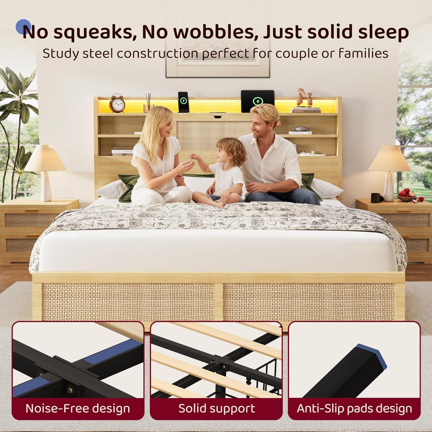 BRELTAM King Size Rattan Bed Frame with 4 Storage Drawers and 51.3' Tall Hidden Storage Headboard Wooden Platform Bed Frame with LED Lights and Charging Station, No Box Spring Needed, Natural