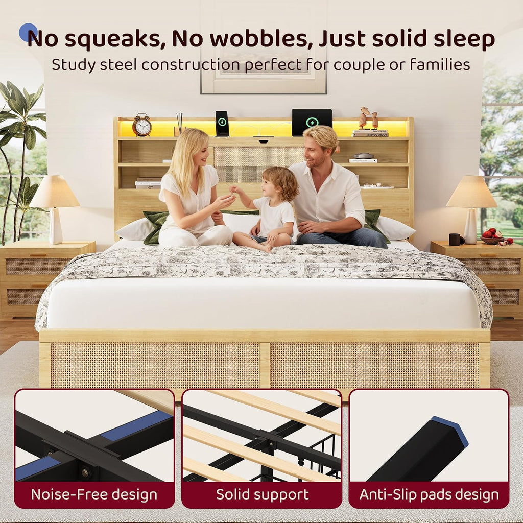 BRELTAM Queen Size Rattan Bed Frame with 4 Storage Drawers and 51.3' Tall Hidden Storage Headboard Wooden Platform Bed Frame with LED Lights and Charging Station, No Box Spring Needed, Natural