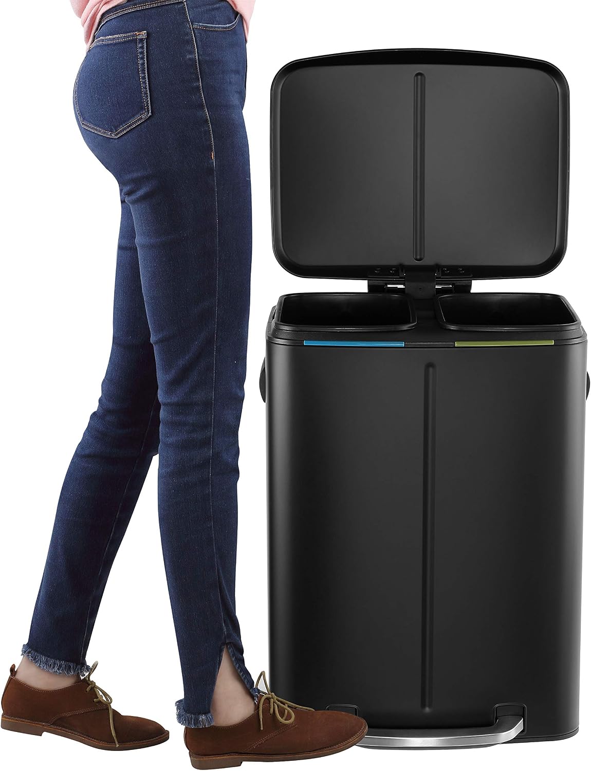 happimess HPM1005B Marco Rectangular 10.6-Gallon Double Bucket Trash Can with Soft-Close Lid, Fingerprint Resistant, Modern, Minimalistic for Home, Kitchen, Office, Bathroom, Black