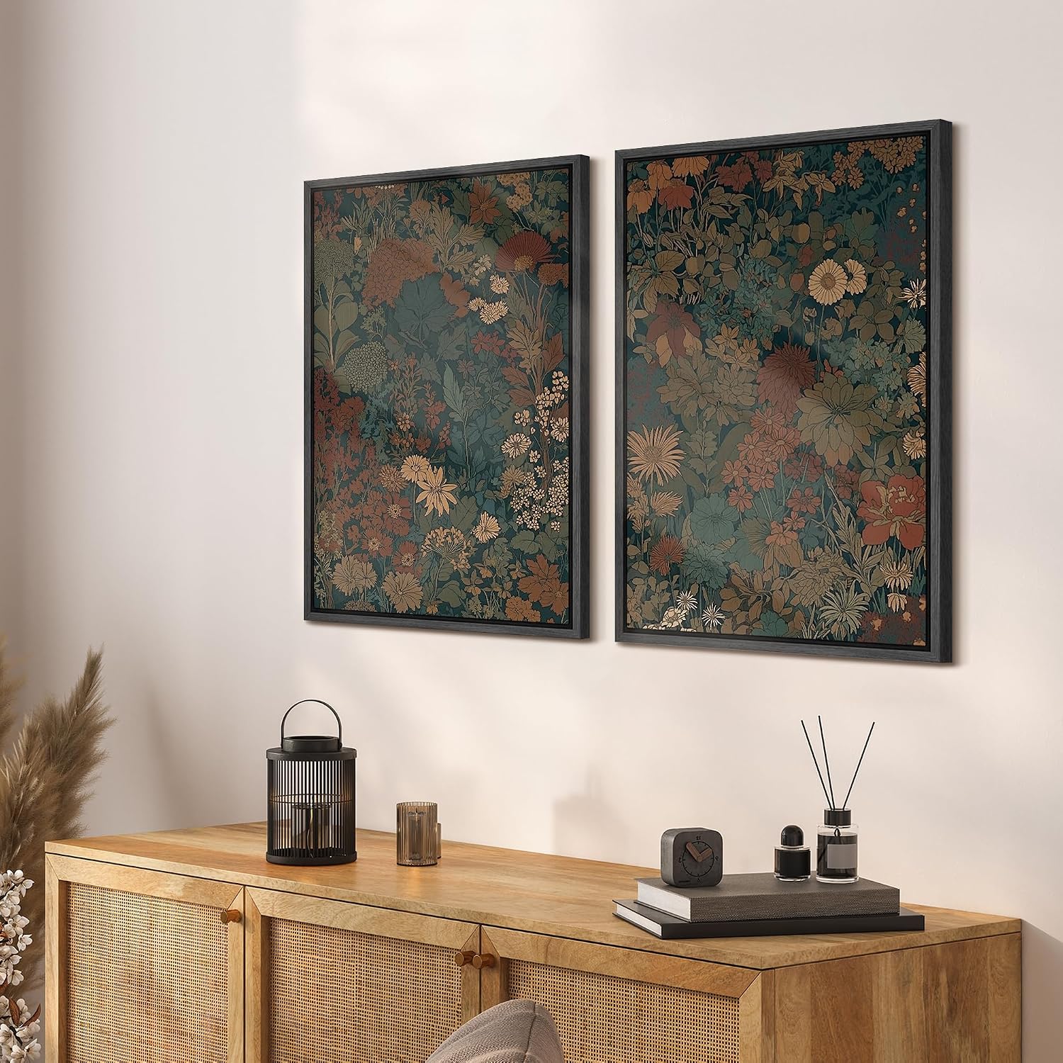 SIGNFORD Framed Canvas Print Wall Art Set Vintage Botanical Floral Dark Green and Rust Toned Illustration Modern Art Decorative Nordic Nature for Living Room, Bedroom, Office - 24'x36'x2 Black