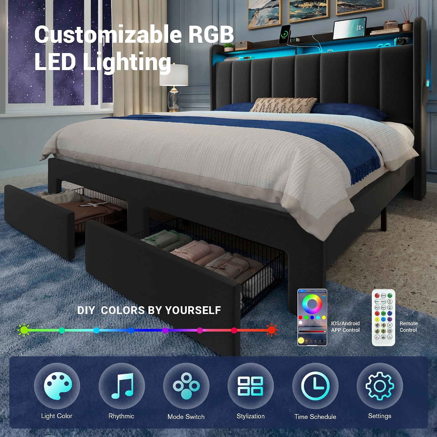 Allewie Velvet Vertical Tufted Queen Upholstered Platform Bed Frame with 2-Tier LED Storage Headboard & 2 Storage Drawers, USB & Type-C Charging Ports, Noise-Free/No Box Spring Needed, Black