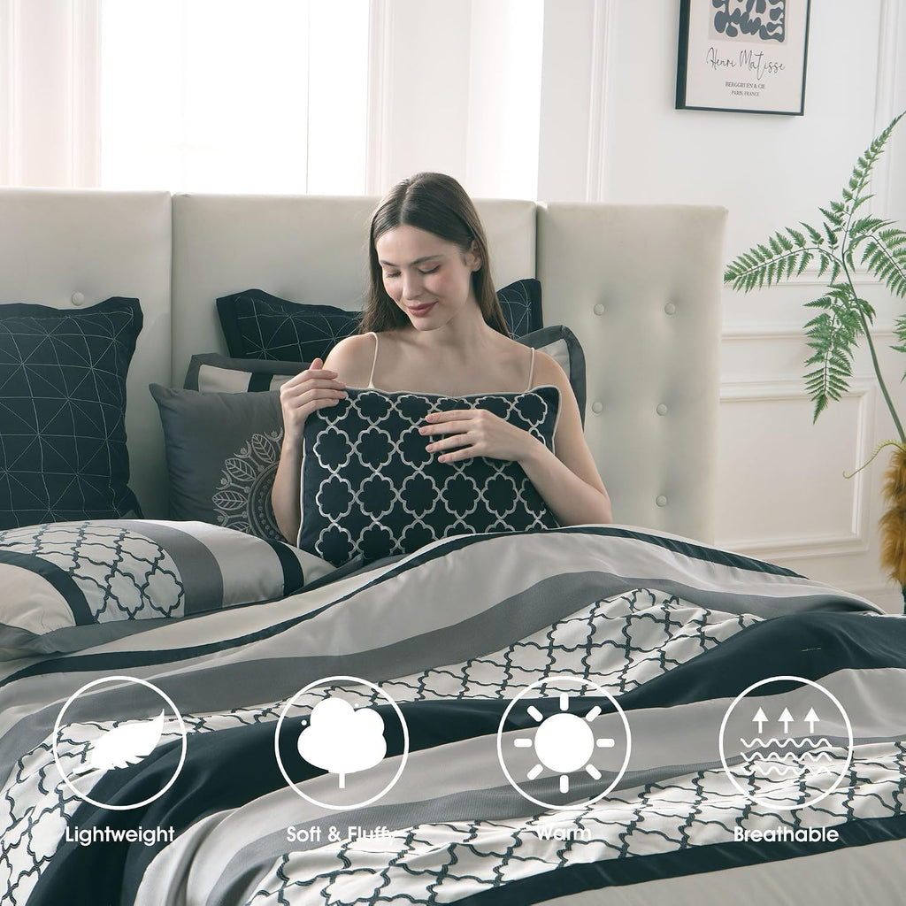 LANCO MODERN LIFESTYLE Queen Comforter Set, Black Gray Bedding Set, Jacquard Woven with Embroidery, 8 Pieces Bed in a Bag, Bed Skirt, Shams and Decorative Pillows