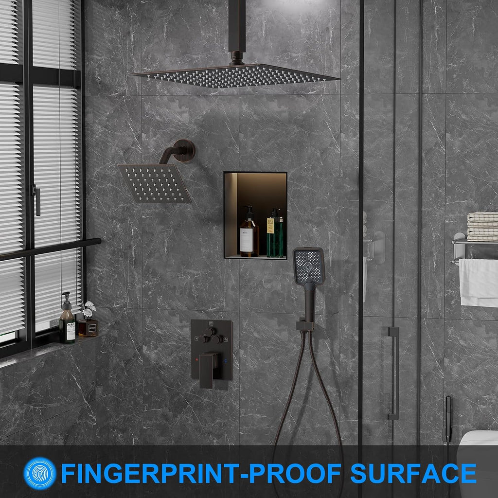 Shower Faucet Set, 12' Ceiling Mount Rainfall Shower System with 2 Rain Shower Head and Multi-function Handheld Head Push Button Diverter Shower Faucet Trim Kit (12', Oil Rubbed Bronze)