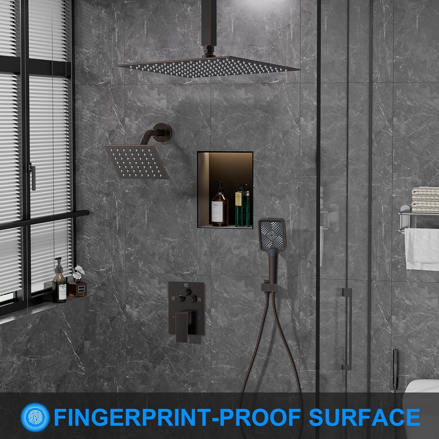 Shower Faucet Set, 12' Ceiling Mount Rainfall Shower System with 2 Rain Shower Head and Multi-function Handheld Head Push Button Diverter Shower Faucet Trim Kit (12', Oil Rubbed Bronze)