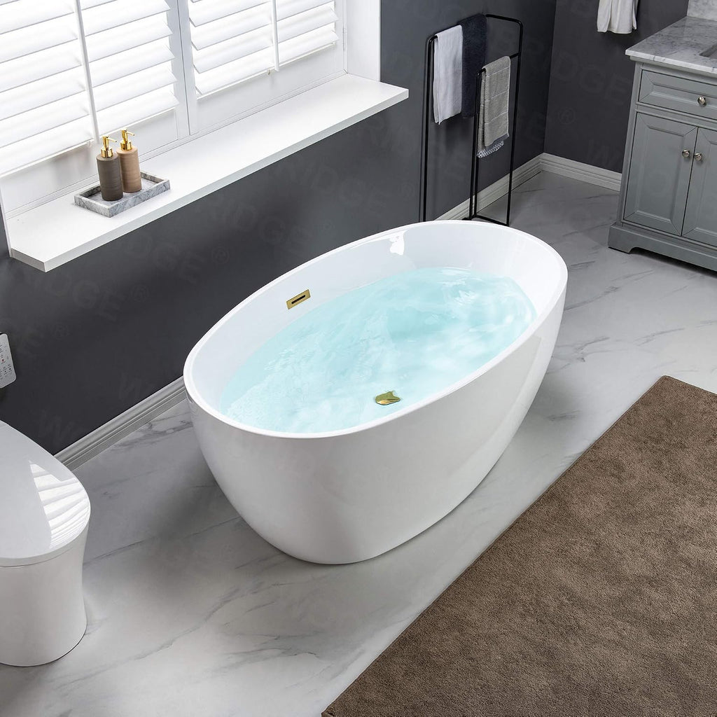 WOODBRIDGE 55' Acrylic Freestanding Bathtub Contemporary Soaking White Tub with Brushed Gold Overflow and Drain,B1418-BG