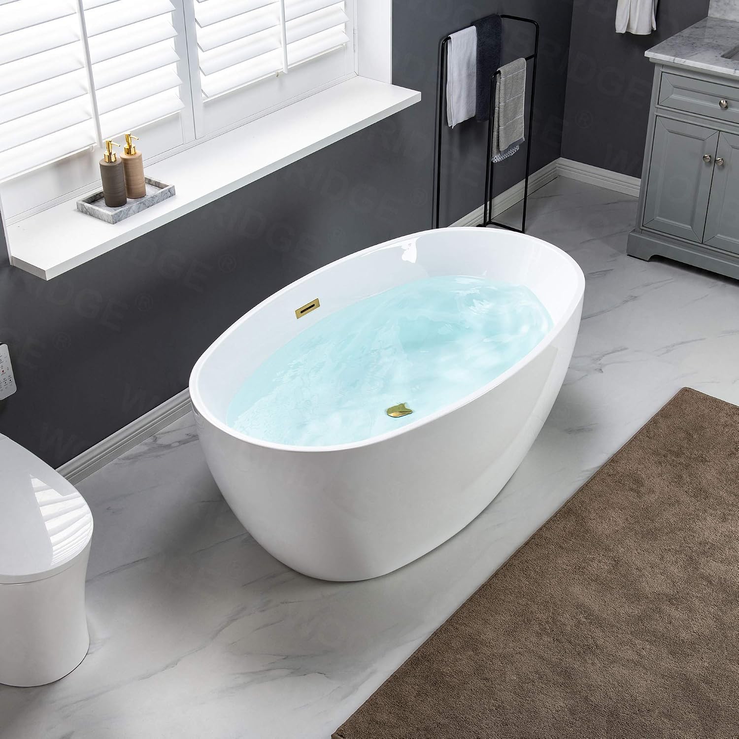 WOODBRIDGE 55' Acrylic Freestanding Bathtub Contemporary Soaking White Tub with Brushed Gold Overflow and Drain,B1418-BG