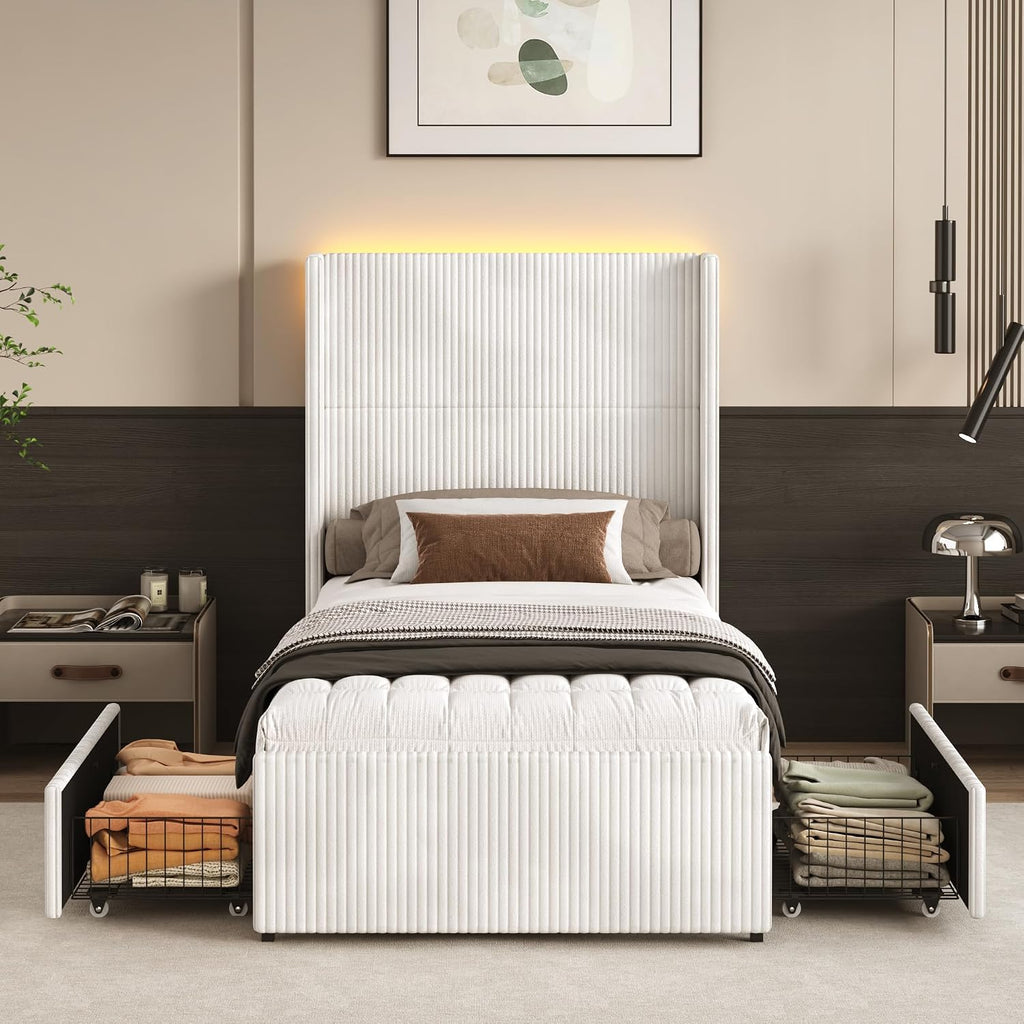 Hlivelood Twin Size Bed Frame with 52' Tall Corduroy Wingback Headboard, Upholstered Platform Bed with 2 Storage Drawers & LED Lights, Vertical Stripes, No Box Spring Needed, Noise-Free, Cream