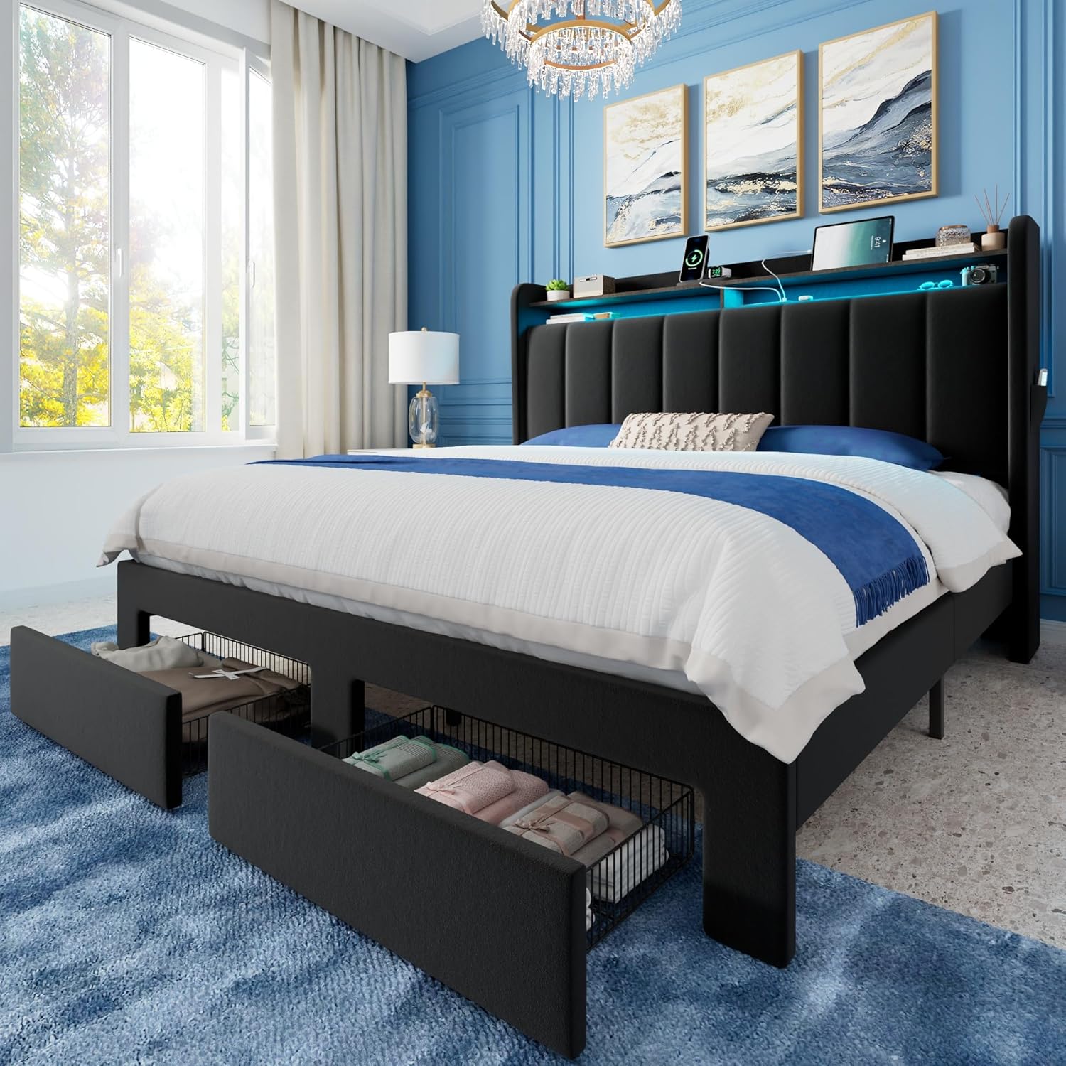 Allewie Velvet Vertical Tufted Queen Upholstered Platform Bed Frame with 2-Tier LED Storage Headboard & 2 Storage Drawers, USB & Type-C Charging Ports, Noise-Free/No Box Spring Needed, Black