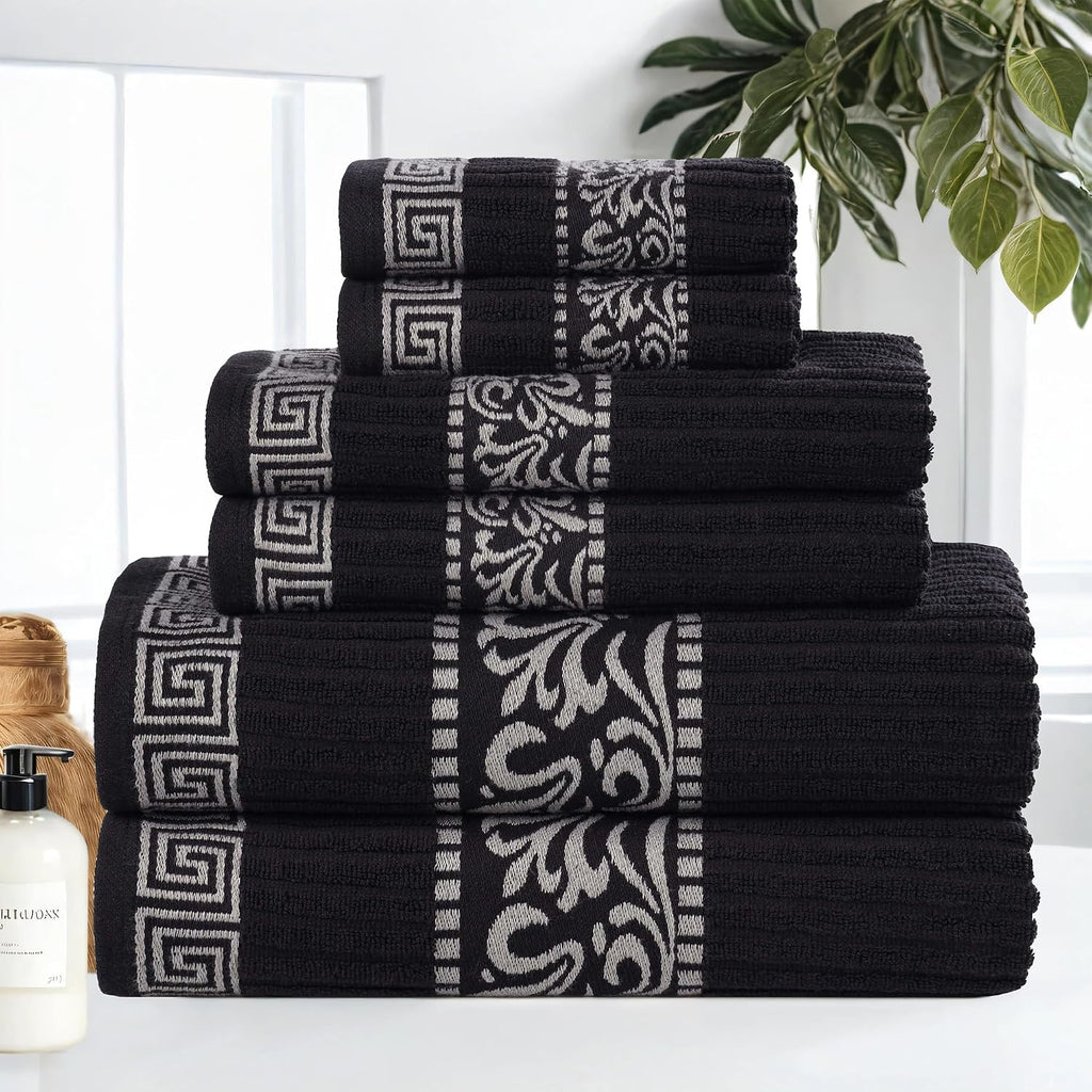 Superior 6-Piece Cotton Towel Set, Decorative Greek Pattern, Home Essentials, Absorbent Towels, Bathroom Decor, Spa, Resort, Includes 2 Hand, 2 Face and 2 Bath Towels, Athens Collection, Black-Chrome