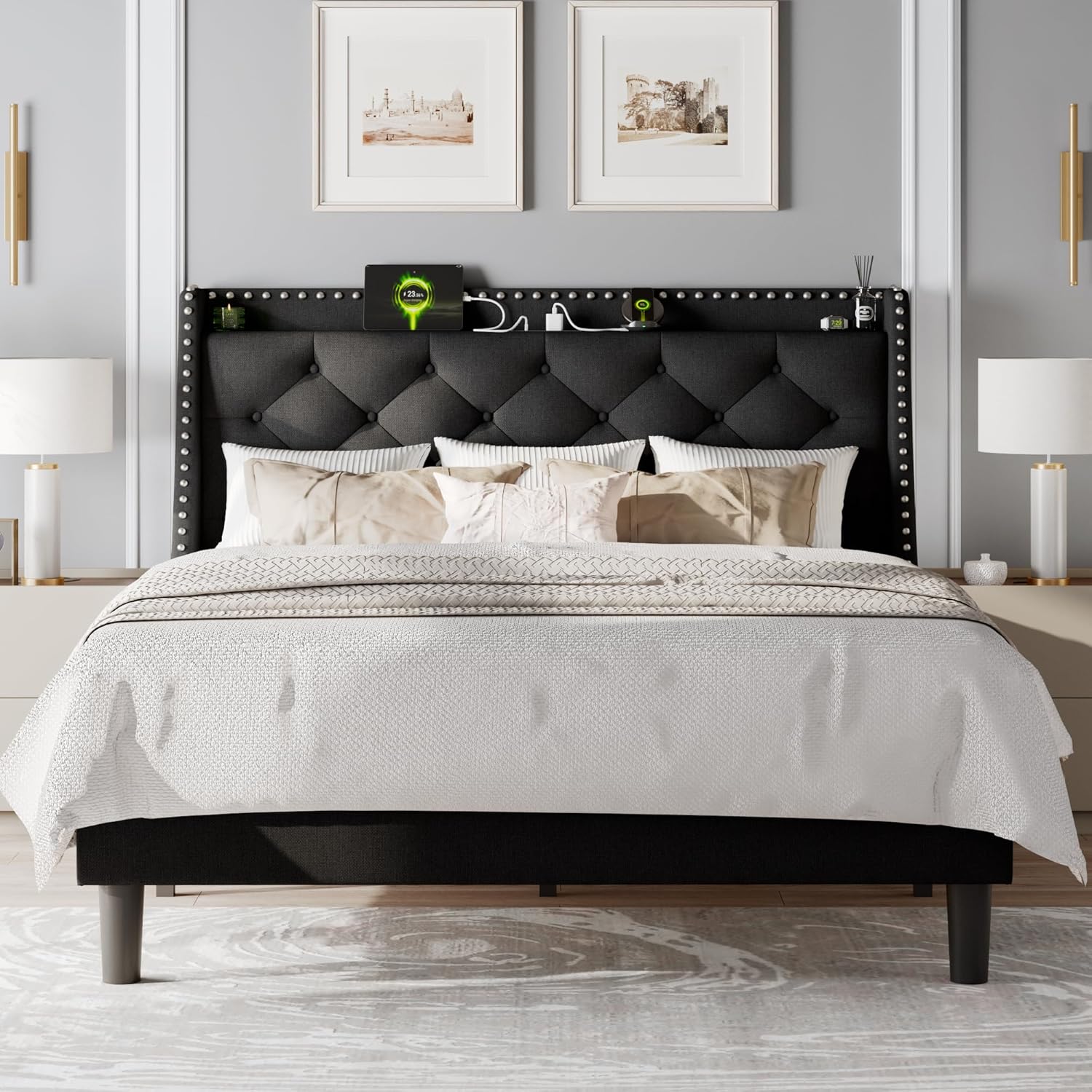 Feonase Queen Bed Frame with Luxury Wingback Upholstered Button Tufted Storage Headboard, Queen Platform Bed with Charging Station, Sturdy Wooden Slats Support, Noise-Free, Easy Assembly, Black