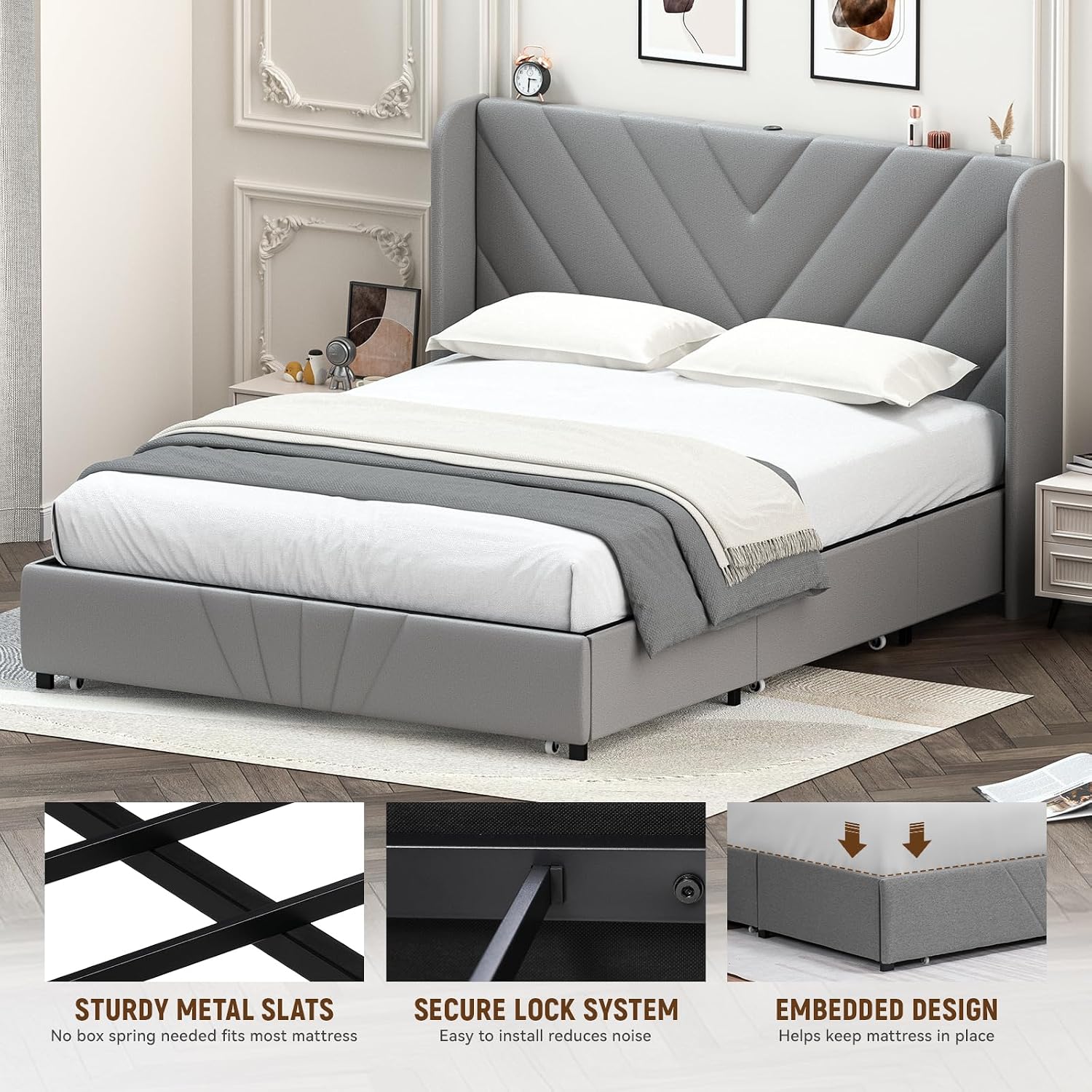 LUCKLIFE Queen Size Metal Bed Frame with Upholstered Headboard,Storage Drawers,USB&Type-C Charging Ports,No Box Spring Needed,Grey