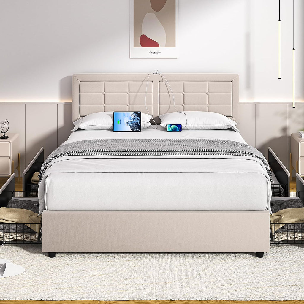 VECELO Full Size Bed Frame with 4 Storage Drawers & Adjustable Headboard, Built-in Charging Station, Upholstered Bedframe with Wood Slats Support, Beige