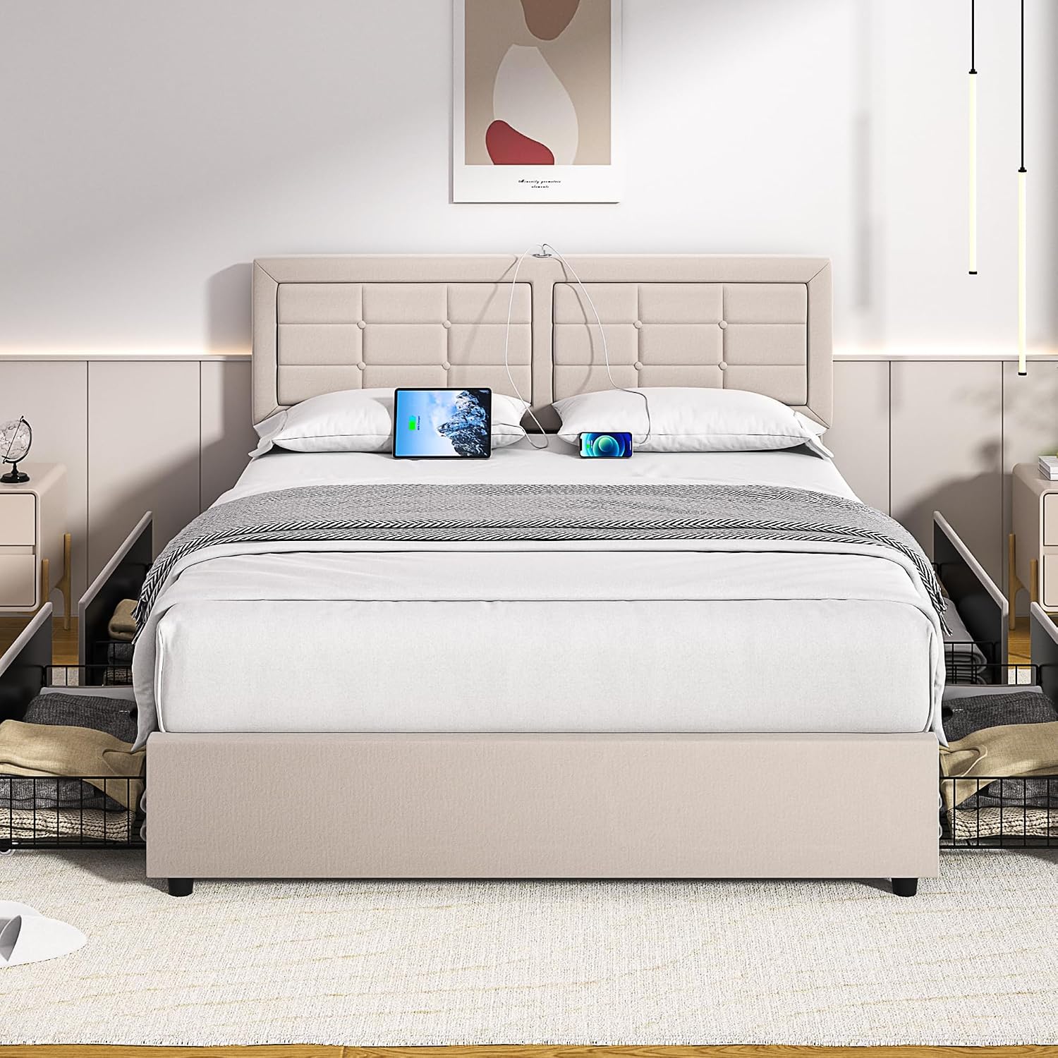 VECELO Full Size Bed Frame with 4 Storage Drawers & Adjustable Headboard, Built-in Charging Station, Upholstered Bedframe with Wood Slats Support, Beige