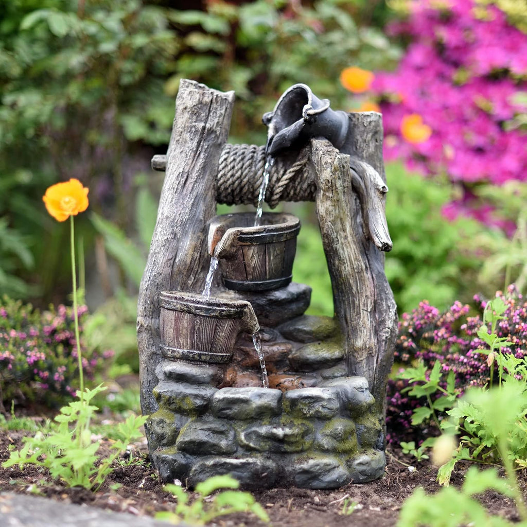 Litedeer Mystic Vintage Buckets Water Fountain with Auto-Pump and Built-in LED Lights 3 Tier Cascading Fountain Indoor Water Fountain Floor Fountain (Model: DGF-161140) 20' Tall Gray