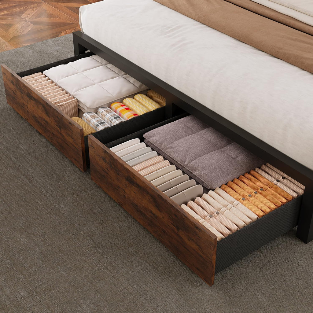 Incyneva Farmhouse Full Bed Frame with Bookcase Storage Headboard, Charging Station, LED Light and 2 Storage Drawers, Noise Free, No Box Spring Needed, Brown