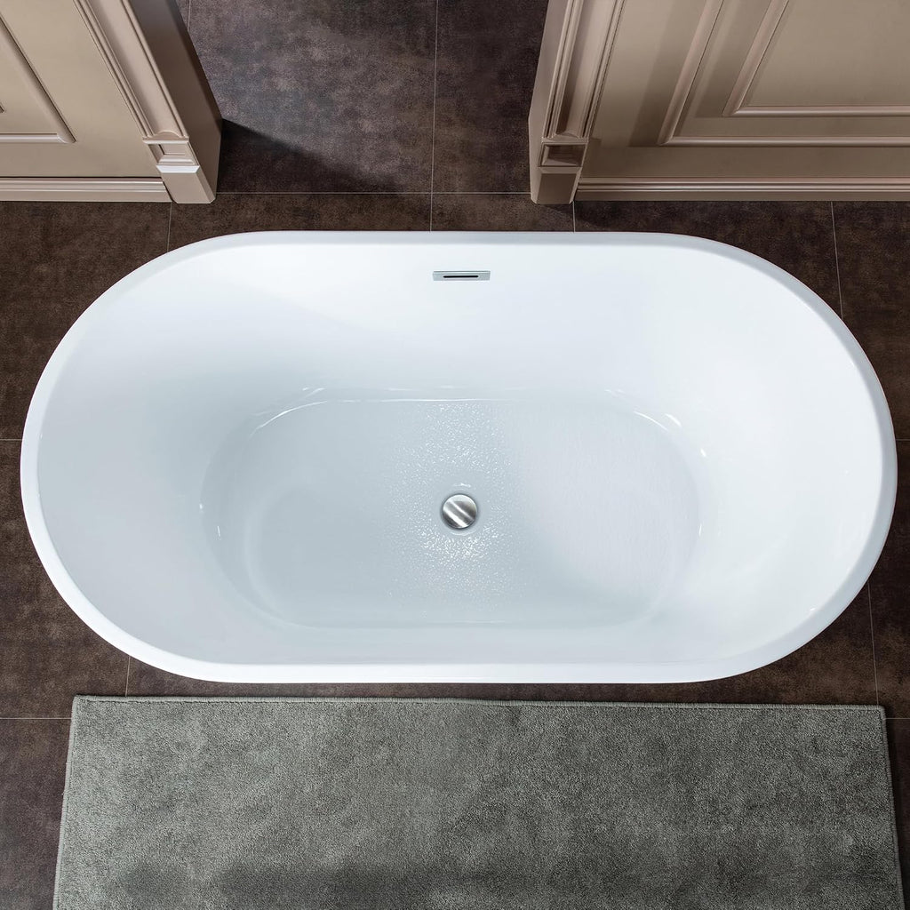 WOODBRIDGE 59' Acrylic Freestanding Bathtub Contemporary Soaking White Tub with Chrome Overflow and Drain