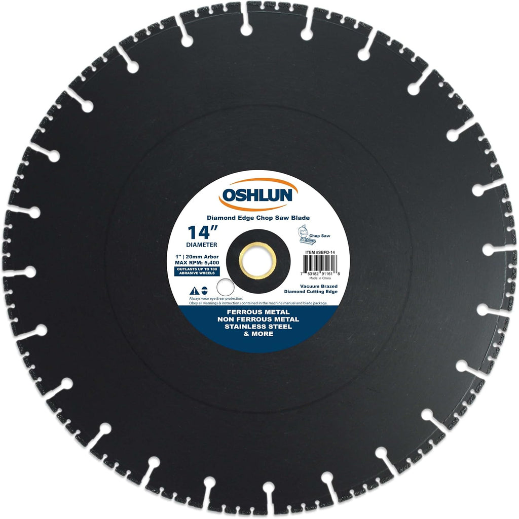Oshlun SBFD-14 14-Inch Diamond Chop Saw Blade with 1-Inch Arbor of 20mm Bushing for Stainless and Ferrous Metals