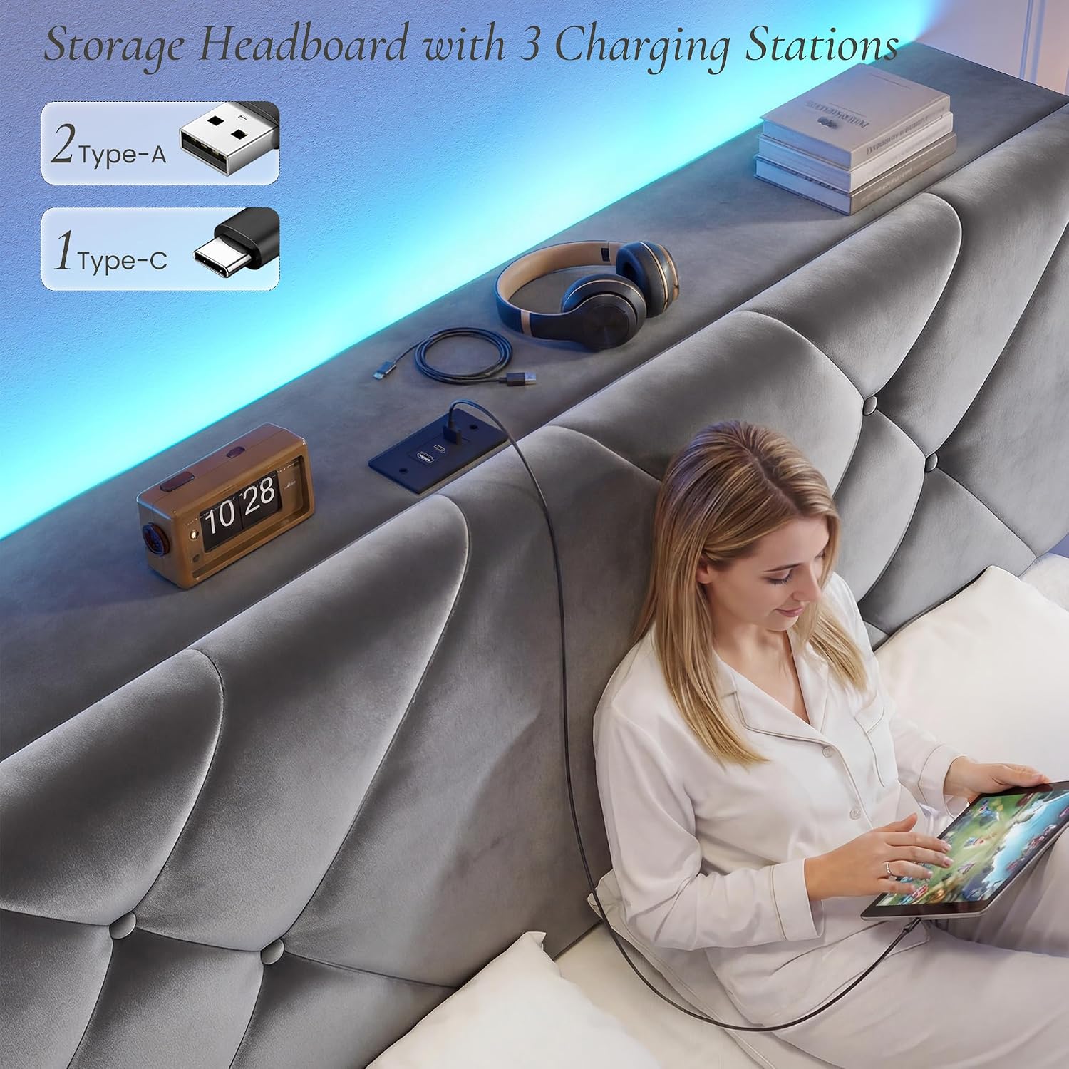 EnHomee Queen Size Platform Bed Frame with Adjustable Headboard and LED Lights, Button Tufted Velvet Headboard with Charging Station, No Box Spring Needed,Easy Assembly，Grey