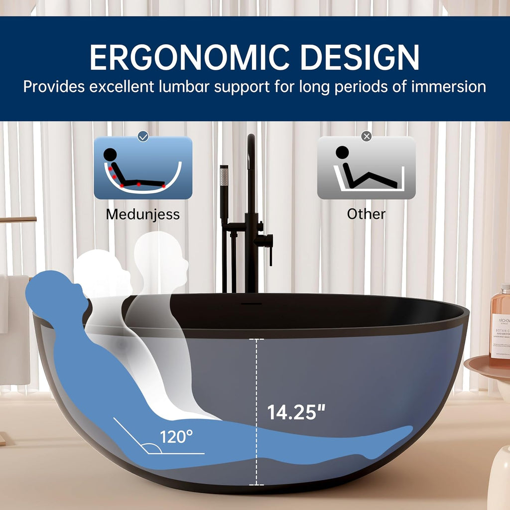 55'' Resin Stone Freestanding Bathtub, Matte Black Soaking Tub Solid Surface Modern Tubs with Overflow and Pop-up Drain in