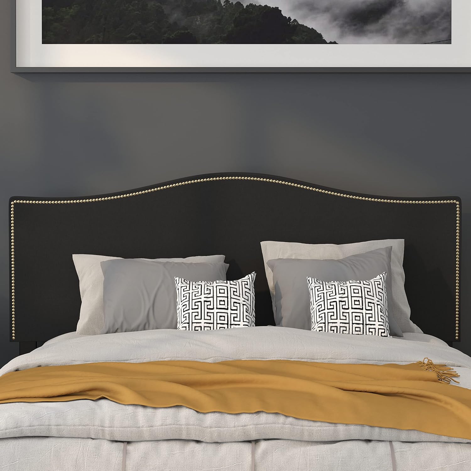 Flash Furniture Lexington Upholstered Queen Size Headboard with Accent Nail Trim in Black Fabric