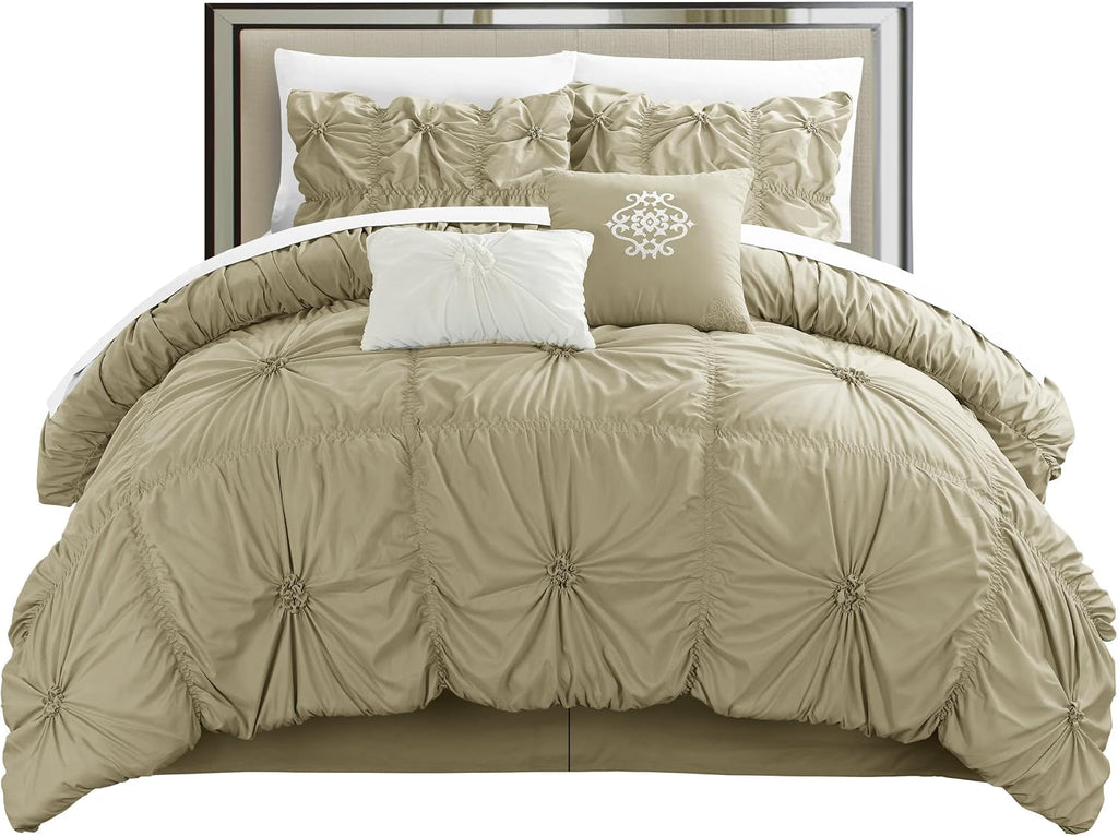 Chic Home Taupe Bed in a Bag Comforter Set, King Size (6 Piece), Halpert - Pintuck Pinch Pleat Microfiber Bedding - Shams, Bed Skirt, Flat & Fitted Sheet, Pillowcases, Breakfast & Decorative Pillow